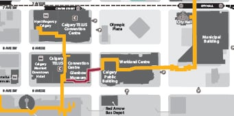 Map of the +15 Network around Arts Commons. Arts Commons is linked east to the Municipal Building and City Hall.
